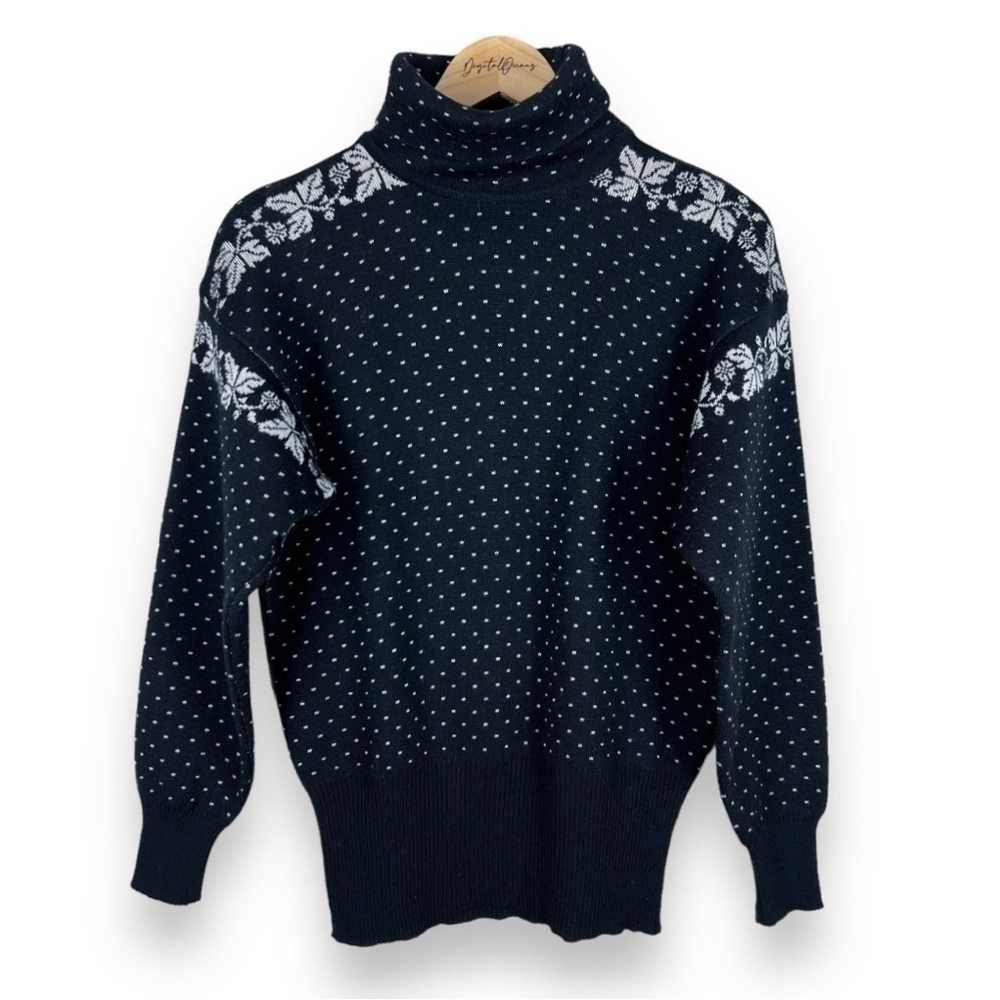 Meister Vintage Wool Blend Metallic Turtleneck Sweater Leaves Black White M Leaf
